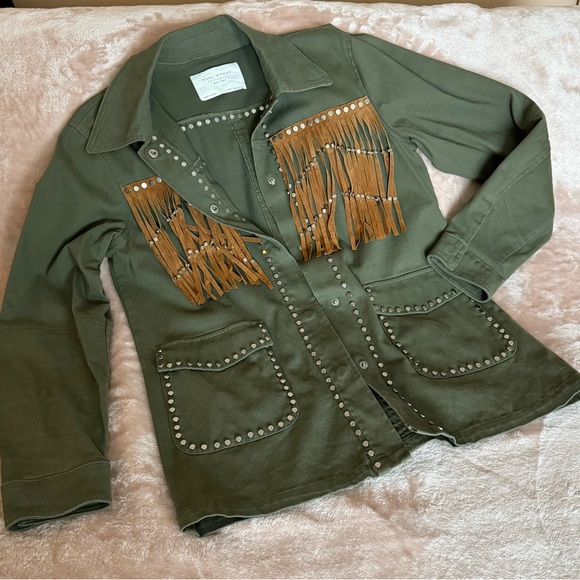Zara Jackets & Blazers - EUC Zara ZW Collection Military Studded Jacket with Fringe Khaki - Size S